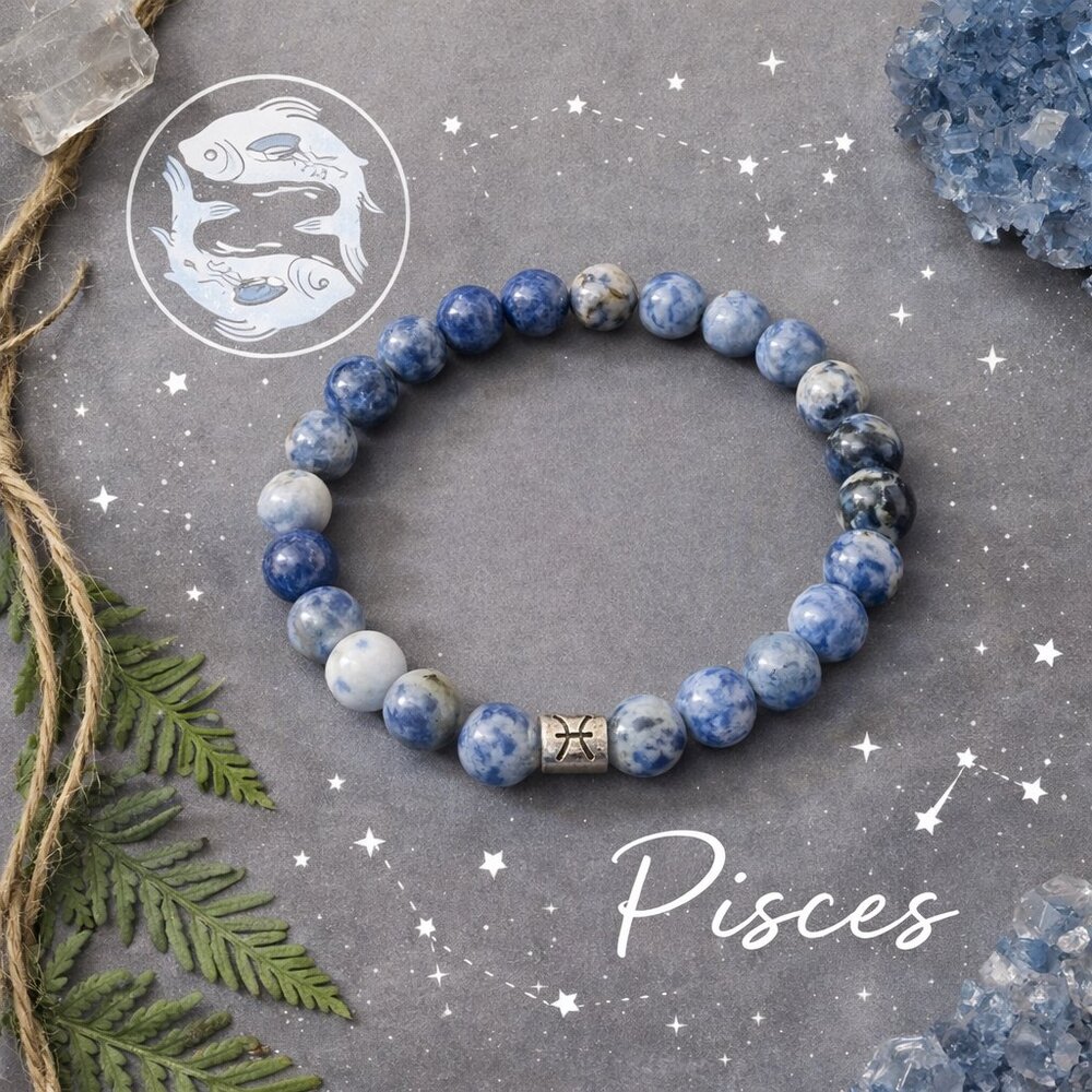 Zodiac Pisces Natural Stone Blue & White Gemstone Stretch Bead Bracelet